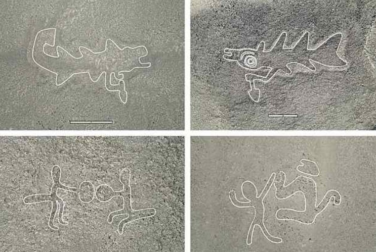 Geoglifo de pez con mano humana sosteniendo un cuchillo en Nazca