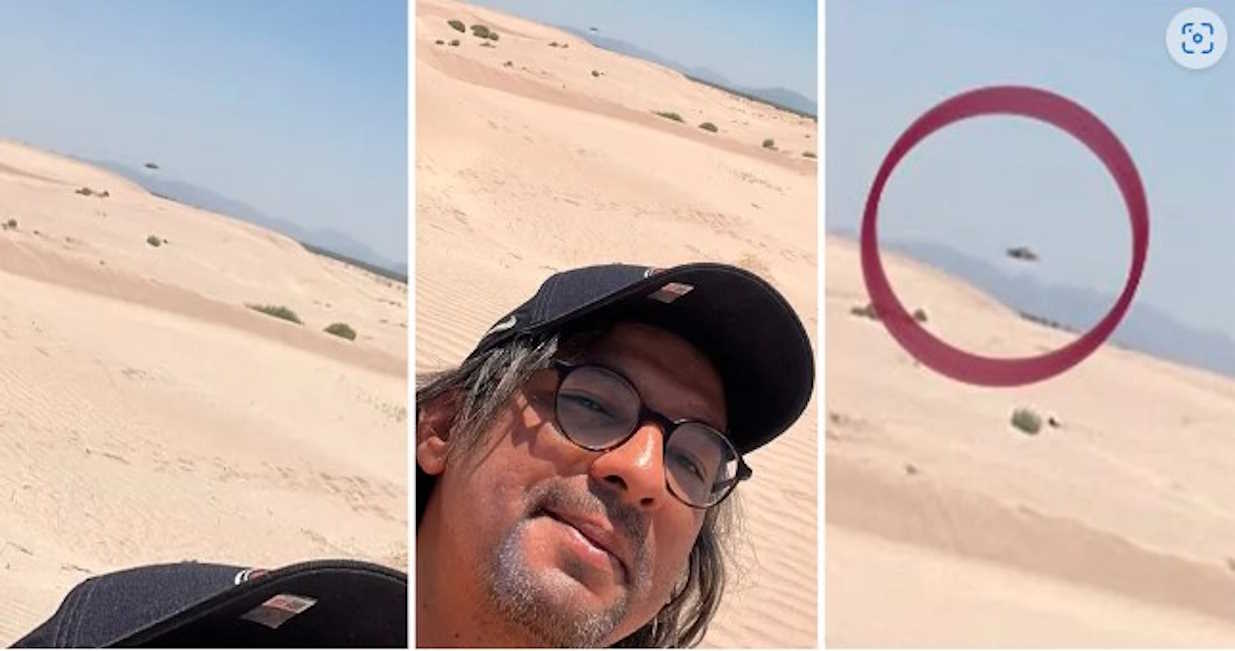 Selfie de Ramiro Navarro con un platillo volador al fondo