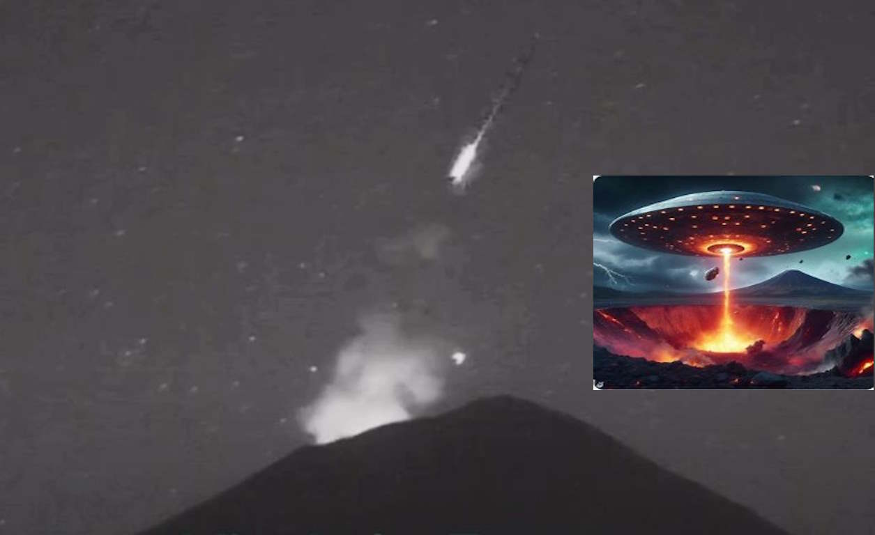 Un OVNI blanco y brillante entra al cráter del volcán Popocatépetl, que emite una gran nube de humo y ceniza.